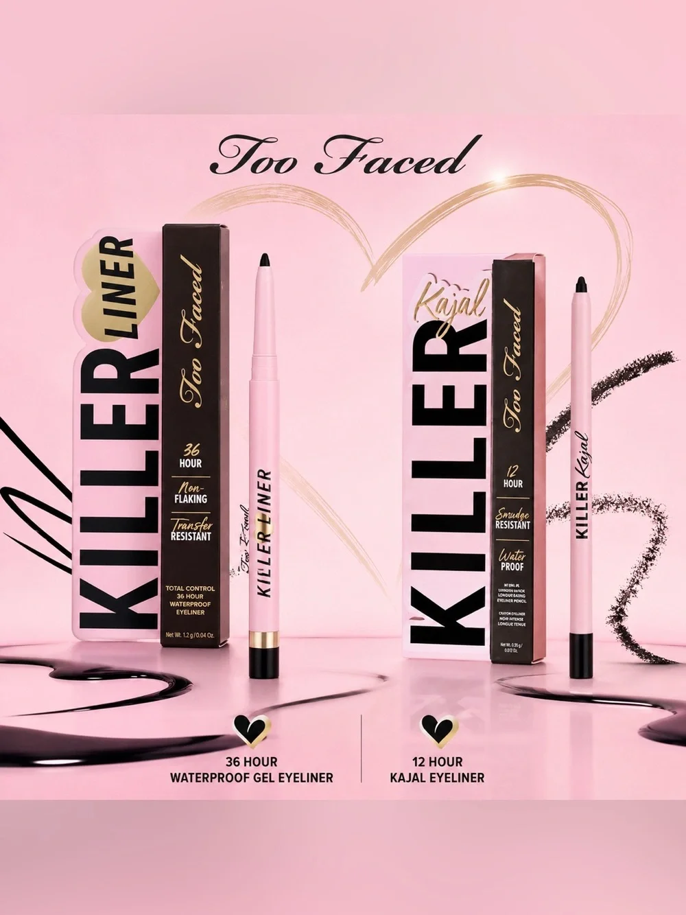 Too Faced Killer Eyeliner Duo - Kajal & 36 Hr Gel Waterproof Liner - Black, NEW - Picture 1 of 12